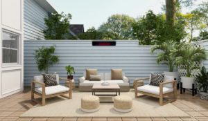 Herschel Rio glass electric patio heater in outdoor patio seating area