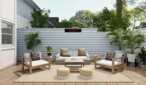 Herschel Rio glass electric patio heater in outdoor patio seating area