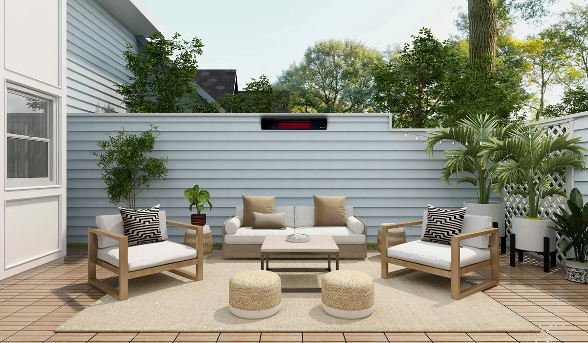 Herschel Rio glass electric patio heater in outdoor patio seating area